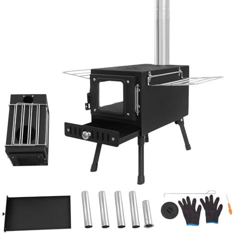 LENJKYYO Estufa de madera plegable para camping, para exteriores con chimenea, horno portátil para tienda de campaña y horno de cocina para exteriores de acero inoxidable, 36-56 cm de altura regulable