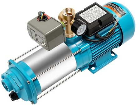 Husvattenverk 1 300 W rostfritt stål, trädgårdspump självsugande vattenpump med tryckbrytare 4 000 l/h centrifugalpump högtryckspump 98 m flödeshöjd brunnspump för hem trädgård bevattning damm