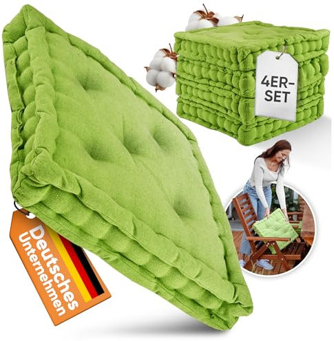 Gräfenstayn® 4er-Set Sitzkissen Stuhlkissen 40x40x8cm für Indoor und Outdoor aus 100% Baumwolle Dicke Polsterung Steppkissen/Bodenkissen (Apfelgrün)