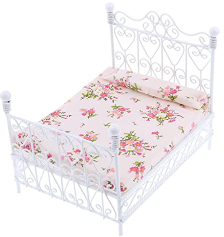 P Prettyia 1:12 Puppenhaus Schlafzimmer Puppenmöbel Mini Bett mit Matratze Möbel Zubehör Set