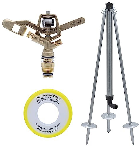 Agrarflora Impulsregner Komplettset aus Vollkreisregner VYR-35, Dreibein Stativ mit 3/4 Zoll & 12m Dichtungsband - zur Bewässerung von großen Flächen - für Gärten, Sportplätze, Felder & Gärtnereien