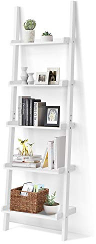 Tangkula 5-Tier Ladder Shelf, Wall-Leaning Bookshelf w/Open Shelves, Plant Flower Stand, Storage Display Organizer Rack, Multifunctional Bookcase for Living Room Home Office (White)