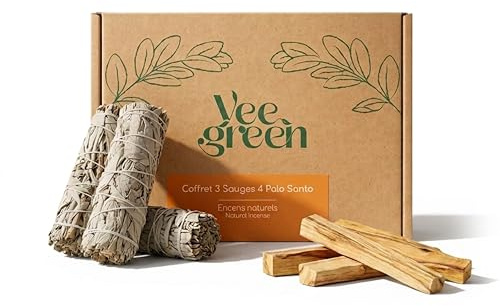 VEEGREEN Kit Sauge Blanche & Palo Santo – Coffret 3 Sauges Salvia Apiana + 4 Bâtonnets Bois Sacré – Encens Naturel Purification Méditation Yoga – Produit Éthique & Éco-Responsable