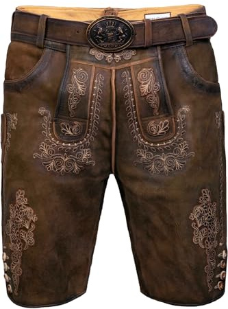 Edelnice Trachtenmode Bayerische Traditionelle Kurze Lederhose Marcel aus Ziegenleder mit aufgesetzer Stickerei inkl. Gürtel
