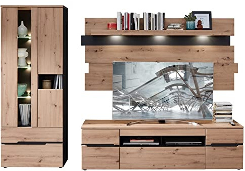 Stella Trading MEMPHIS Wohnwand Komplett-Set in Artisan Eiche Optik, Graphit - Moderne Schrankwand mit LED-Beleuchtung für Ihr Wohnzimmer - 287 x 197 x 47 cm (B/H/T) | 287 x 197 x 47 cm (B/H/T), Wohnzimmer Schrankwand, asymmetrische Front mit Grifffräsungen, indirektes Licht, viel Stauraum
