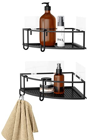 Umbra Cubiko Shower Shelf with Hooks, No Drill Shower Caddy, Metal, Black, Set of 2