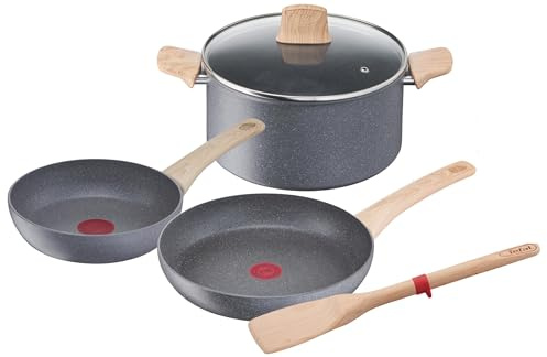 Tefal – Juego de 5 piezas, olla de 24 cm + sartenes de 20/24 cm + espátula, inducción, revestimiento antiadherente, termo-Signal, cocción sana, fabricada en Francia, Natural Force G2669282
