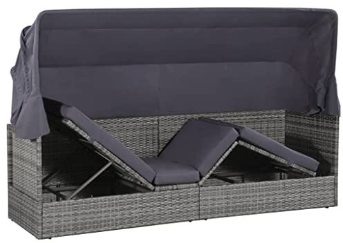 Hommdiy Gartensofa mit Sonnendach Sonnenliege Gartenliege Lounge Gartenbank Gartenbett Sofa Gartenmöbel Liege Relaxliege Sofabett Poly Rattan Grau