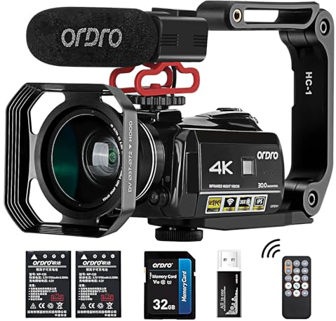 ORDRO AC3 4K Video Camera IR Night Vision Vlog Camcorder | 4K 30FPS camcorder, 1080P 60FPS, 30X zoom, IR night vision, WiFi, external mic, wide-angle lens, handheld stabilizer included