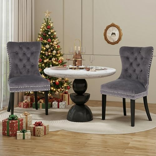 ARTETHYS Esszimmerstühle 2er Set Samt Gepolstert Nagelkopf-Verzierung, Grau | Mit Eichenbeinen, Tragkraft 150 kg, Chesterfield-Hoher Rückenlehne, für Esszimmer & Wohnzimmer, 50x54x94 cm