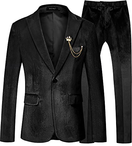 MAGE MALE Men's 2 Piece Velvet Suit One Button Tuxedo Slim Fit Luxurious Blazer Party Dinner Jacket & Pants Black