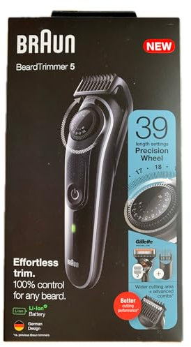 Braun Beard Trimmer 5 BT5342 Barttrimmer, Haarschneidemaschine für Männer, Gesicht Haar, Zuverlässige Klingen, 39 Längeneinstellungen, Schwarz/Grau