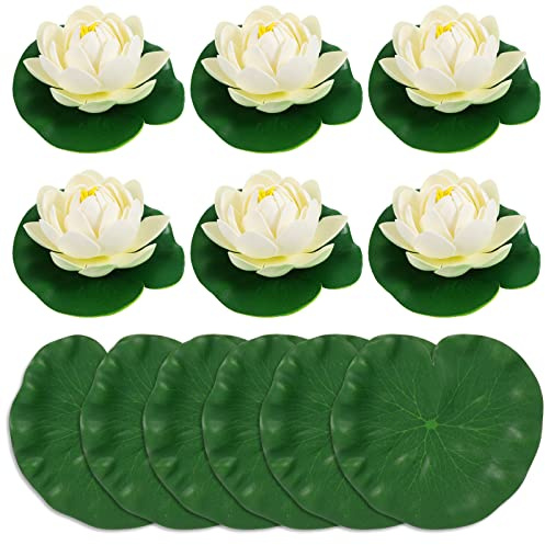 Artibetter 12 Künstliche Schwimmende Lotusblumen mit Seerosenblatt- Ornamenten Realistische Wasserschwimmende Schaum- Lotusblumen für Terrasse Teich Pool Hausgarten Veranstaltungsdekoration