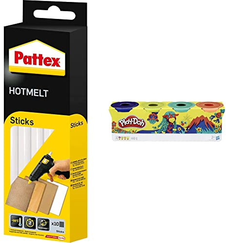 Pattex Hotmelt 827353 Sticks, Klebesticks für die Heißklebepistole mit extrem hoher Transparenz, 1x10 Sticks, Transparent, 200 g & Play-Doh E4867ES0 4er Pack WILD, Knete für fantasievolles Spielen