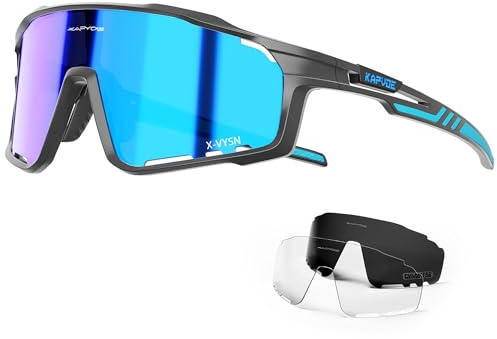 KAPVOE Fahrradbrille 3 Wechselgläser Herren Damen K76 | 3 Gläser: PC Tag, Schwarz polarisiert, Klar wenig Licht; UV400, 3-stufiges Nasenpad