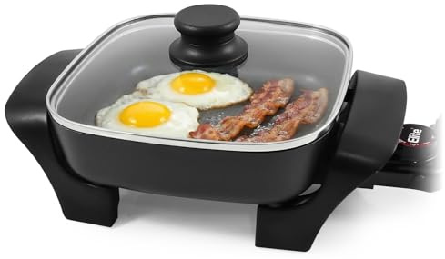 Elite Gourmet EG808 Electric Skillet 8x8 Non-Stick Coating, Tempered Glass Lid, Removable Thermostat 200°F–400°F, Dishwasher Safe, 600W Compact 2.5-Qt Capacity for Eggs, Bacon & One-Pot Meals, Black