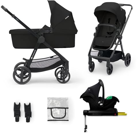 Kinderkraft NEWLY 4-i-1 i-Size, Travel System, MINK PRO, Barnvagnsset, Bilbarnstol med bas, Sittvagn, Resevagn, Tillbehör, Från Födseln Till 22 kg, till ca 4 år, Lätt, 5-punktsbälten, Svart