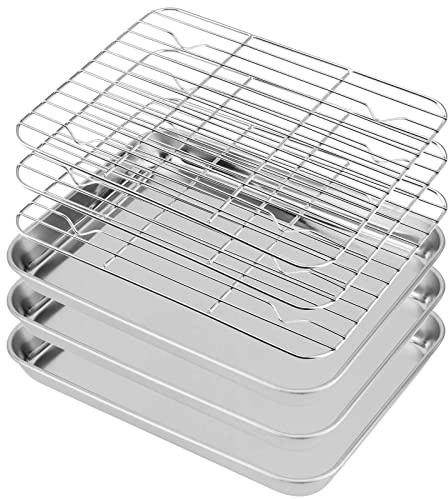 SEUNMUK Lot de 3 plaques de cuisson avec grille de cuisson (3 feuilles et 3 grilles), 23,6 x 17,5 x 2,5 cm, plaque de cuisson en acier inoxydable avec grille pour barbecue, camping et pique-nique