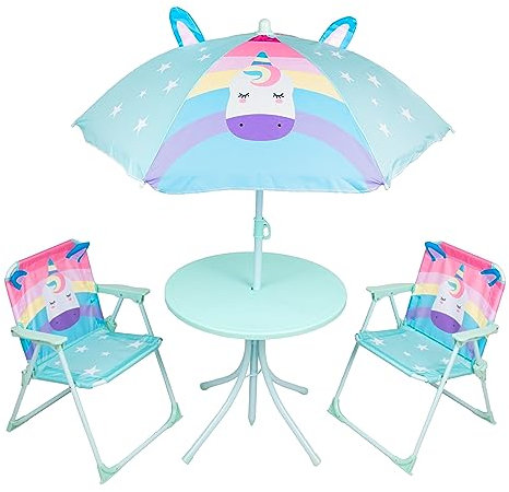 Relsy Unicorn Patio Set Kids Garden Furniture 4-Piece Kids Table and Chairs With Adjustable Parasol, Girl's Pink Garden Furniture Unicorn Design For Children