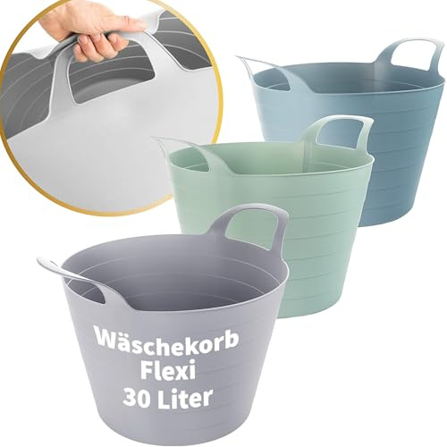 Wäschewanne Flexi 3er Set, Wäschekorb Plastik Rund mit Griffen, 30 Liter, 3 Farbe, Model Kai, Made in EU, Praktisch und stilvoll wasserdicht Wäschewanne - Der perfekte Begleiter für Ihren Haushalt
