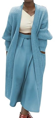 Chaqueta de punto larga cálida para mujer con bolsillo, manga larga, ligera, elegante y cómoda, suéter de punto para otoño e invierno, azul, M