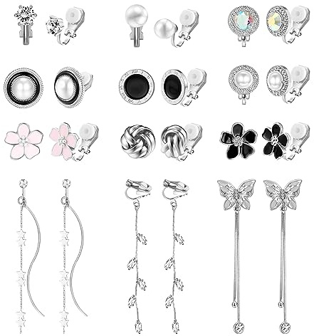 Dochais 12 par öronklämmor damer, klämma örhängen, örhängen damer, hjärta stjärna blommor fjäril färgläggning örhängen damer, allergivänliga klippörhängen, öronmuff guld silver, öronklämma söt, 4 m