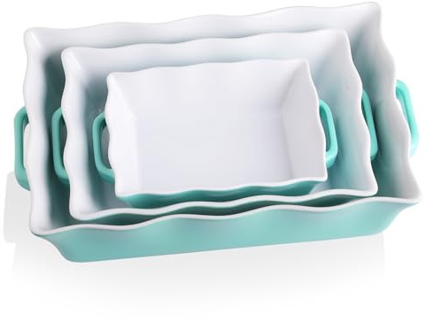 Sweejar Casserole Dishes for Oven, Ceramic Bakeware Set of 3, Rectangular Baking dish with Handles, Wave Edge Lasagna Pan Deep for Cooking, Cake, Dinner, Banquet and Daily Use (Turquoise)
