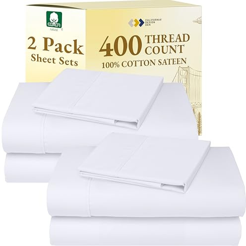 California Design Den 2-Pack Twin XL Sheet Sets Cotton - 400 Thread Count 100% Cotton Sateen - Soft, Breathable Sheets, 2 Sets of Deep Pocket Bed Sheets - Bright White