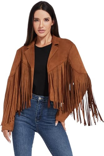 Fahsyee Giacche da donna in pelle con frange - Camoscio Faux Motocycle Biker Cappotto corto Vegan Blazer Pleather Moda nappa S-XXL, Marrone, X-Large