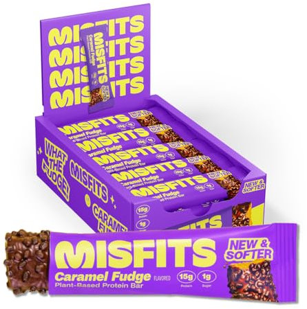 Misfits Vegan Protein Bars, Caramel Fudge - Updated Recipe | Low Sugar & Carb, High Fibre Snacks | Pack of 15