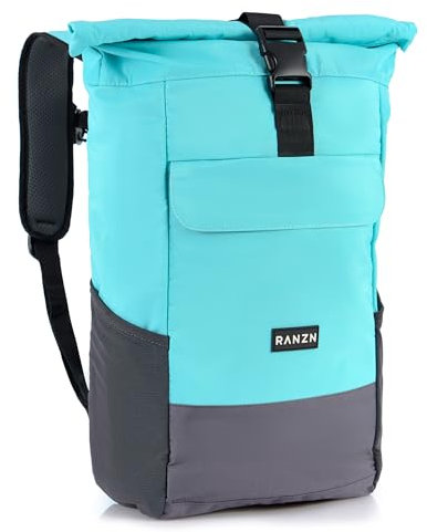 RANZN® – Miami – Premium Rolltop Rucksack für Damen & Herren, Anti-Diebstahl Wanderrucksack, Backpack mit Laptopfach, Türkis-Grau