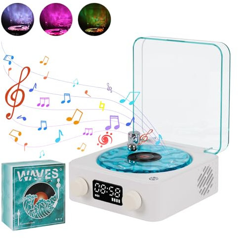 Waves Vinyl Lautsprecher, Bluetooth Plattenspieler mit RGB Licht & Wasserwellen Effekt, 3 Modi, Stereo Sound, Einschlafhilfe mit 4 Sounds of Nature (Weiß Blau)