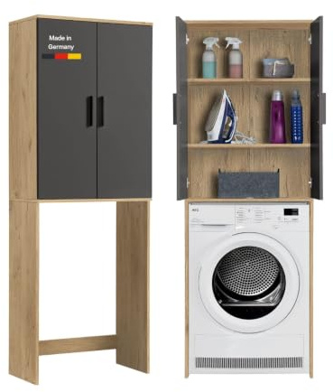 mokebo Waschmaschinenschrank 'Der Saubermann' (65x180x34 cm) Made in Germany, Überbau, Überbauschrank mit Türen aus Holz in Eiche Anthrazit-Schwarz, für Waschmaschine & Trockner, Toiletten- & WC-Regal