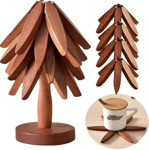 Untersetzer Holz,4 Stück Holzuntersetzer Baum Leicht zu Reinigen, Zusammenklappbar,Untersetzer Topf Holz für heiße Gerichte, heiße Topflappen, Topf, Schüssel, Teekanne(Walnuss)