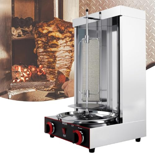 BBQ Rotisserie Oven Smokeless, Shawarma Machine Doner Kebab Grill, Gyro Rotisserie Propane Gas Vertical Broiler with Stainless Steel Body,Silver-220V