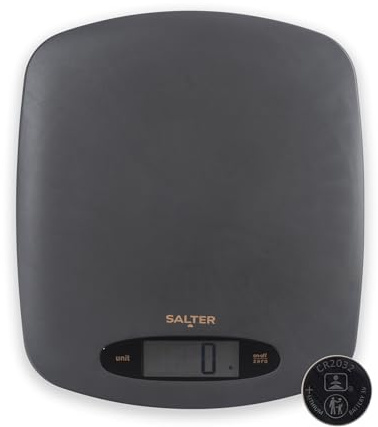 Salter Pebble Digitale Küchenwaage 5 kg | Add-&-Weigh-Tara-Funktion, Aquatronic-Flüssigkeitsmodus, großes LCD-Display, kg/lb/ml/fl oz, Grau