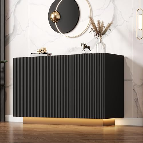 Rosebibi LED Kommode Modern Design Sideboard mit Beleuchtung Schwarz Marmor Optik Smart Wohnzimmerschrank Bluetooth Steuerung Vertikale Streifen Anrichte 120cm Aufbewahrungsschrank