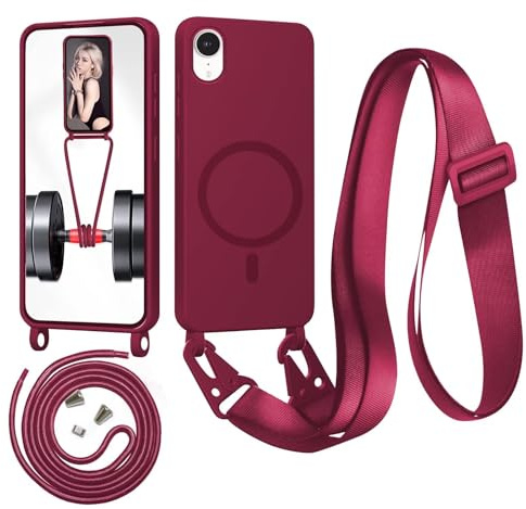 Beajew Handykette für iPhone XR Hülle mit Band [Kompatibel mit Magsafe] Flüssig Silikon Necklace Handyhülle Magnetische Schutzhülle zum Umhängen Kordel für iPhone XR, Rot