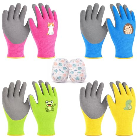 FZSECRIU 4 pares guantes jardineria niños+1 manga doble，guantes jardin（ azul, rosa，Amarillo, verde），Lindos motivos de animales guantes niño/muchacha 5-7 años