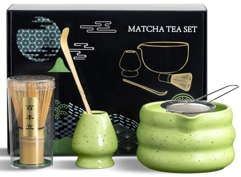 Matcha Set, 5 Pcs Matcha Tea Set, Ceramic Matcha Whisk Set, Matcha Kit with Matcha Bowl, Matcha Bamboo Whisk, Whisk Holder, Strainer, Matcha Spoon, Traditional Matcha Gift Set(Green)