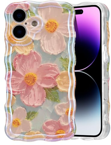 EYZUTAK Handyhülle für iPhone 17, Bunte Vintage Ölgemälde Blumen Hülle Glitzer Muster Niedliche Lockiges Wellenförmiger Rand Stilvolle Langlebige TPU Schutzhülle für Mädchen Frauen - Grün