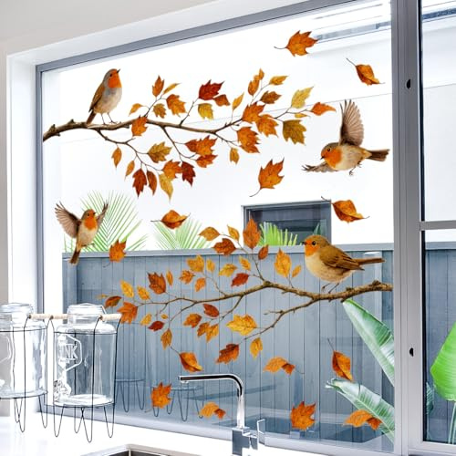 WandSticker4U®- Fensterbilder Herbst selbstklebend VÖGEL auf AST (88x58 cm) I Fenstersticker Herbstdeko Fenster Wohnzimmer Schlafzimmer Küche I Fensterdeko Herbst Blätter wiederverwendbar GROß