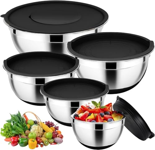 Roysmart Lot de 5 saladiers en acier inoxydable avec couvercle hermétique - 4,5 l / 2,7 l / 1,5 l / 1,2 l / 0,7 l - Antidérapant et empilable - Pour la cuisine