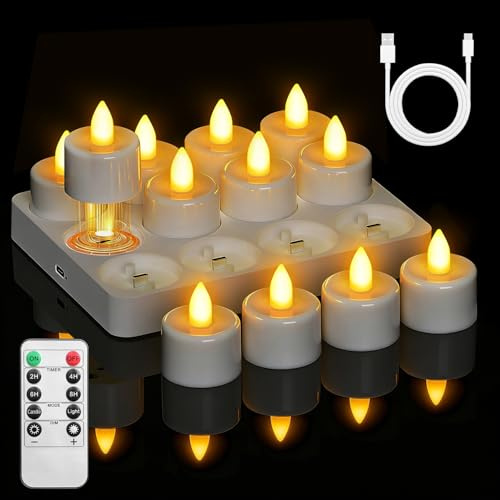 Lepwings 12 Stück LED Teelichter Wiederaufladbar mit Timer & Fernbedienung, Flackernde Elektrische Teelichter mit Ladestation, 18–48 Std Leuchtdauer, LED Kerzen für Valentinstag, Tischdeko & Party
