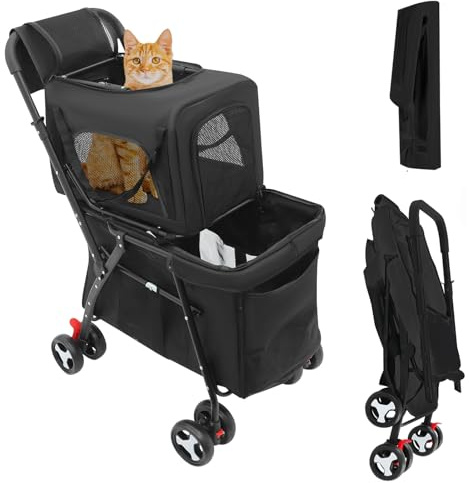Dubbel hundvagn, 2 våningar hundvagn, vikbar husdjursvagn, hundbuggy med avtagbar transportbur, kattvagn med 4 st hjul, hundlåda upp till 7 + 15 kg (svart)