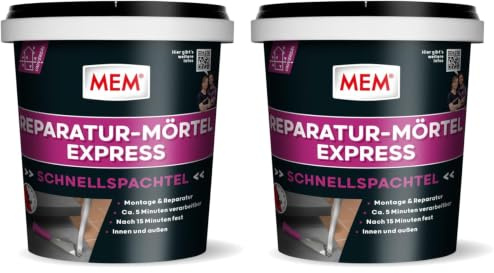 MEM Reparatur-Mörtel Express, Extrem schnell erhärtender Zementmörtel, Speziell für Schnellmontagen, Erreicht Endfestigkeit in nur 15 Minuten, 1 kg, Grau (Packung mit 2)