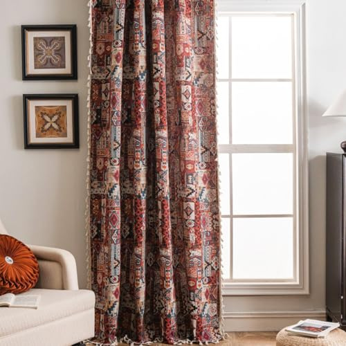 Tokusyou Bohemiska vintage gardiner ogenomskinliga etno gardiner boho geometri linneutseende röd jacquard bomull gardin med tofs spöficka för sovrum kök set om 1 B 150 × H 220 cm