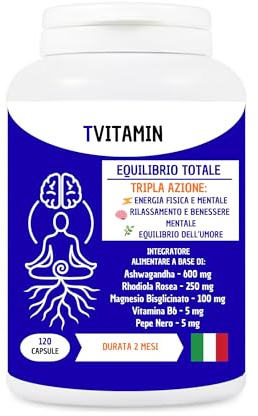 ASHWAGANDHA & RHODIOLA con Magnesio e Vitamina B6 (120 Capsule) – Tripla Azione Naturale per Vitalità, Equilibrio dell’Umore e Serenità Mentale – Made in Italy.