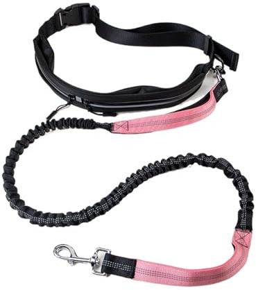 Traktionsgurt für Hunde beim Laufen Multifunktionaler Hundegürtel, Freihändiger Laufgürtel mit Reißverschlusstasche, Doppelgriff, Elastischer Haustiergürtel, Einziehbares Seil(Pink)