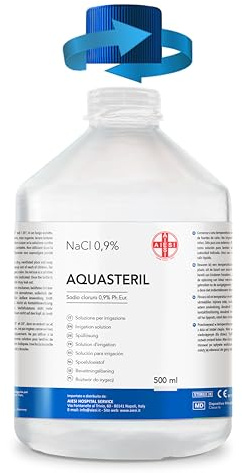 AIESI® Suero fisiologico solution salina (500 ml) para lavado nasale, nebulizador e irrigación con tapón resellable AQUASTERIL, Cloruro de sodio al 0,9%